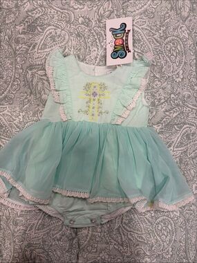 Mint Cross-Embroidered Baby One-Piece Bodysuit with Tulle Skirt